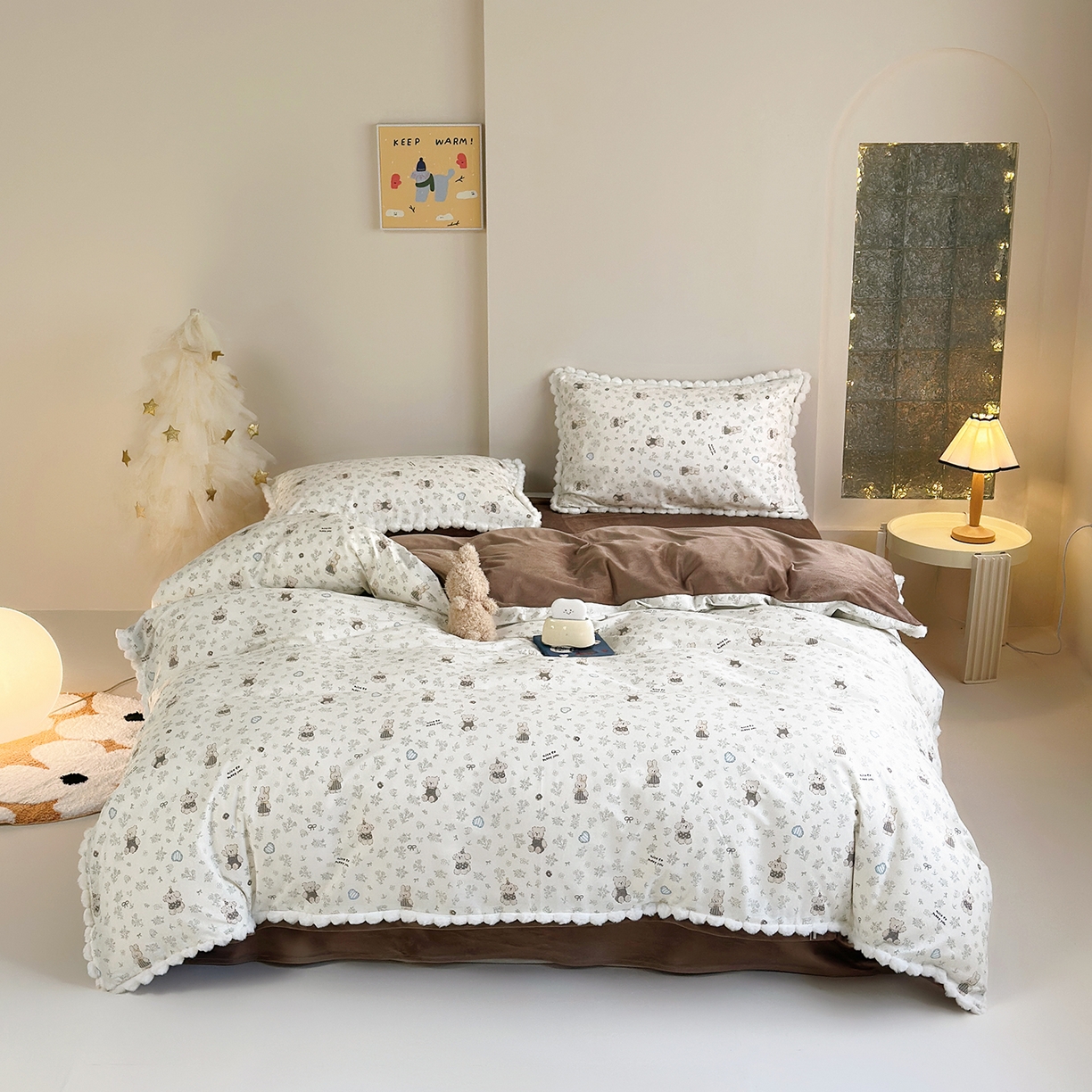 怡家居 2025秋冬新款毛球花边棉加绒四件套 栗子狗
