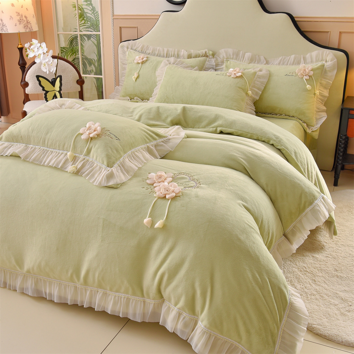 91家纺网 家纺一手货源 找家纺 鼎飞家纺 2025新款A类高克重牛奶绒绣花四件套--舒蕾系列 舒蕾-芬绿