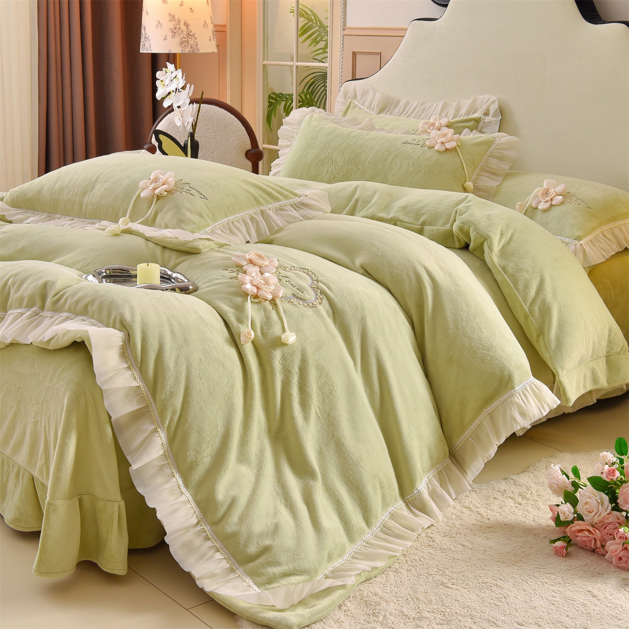 91家纺网 家纺一手货源 找家纺 鼎飞家纺 2025新款A类高克重牛奶绒绣花四件套--舒蕾系列 舒蕾-芬绿