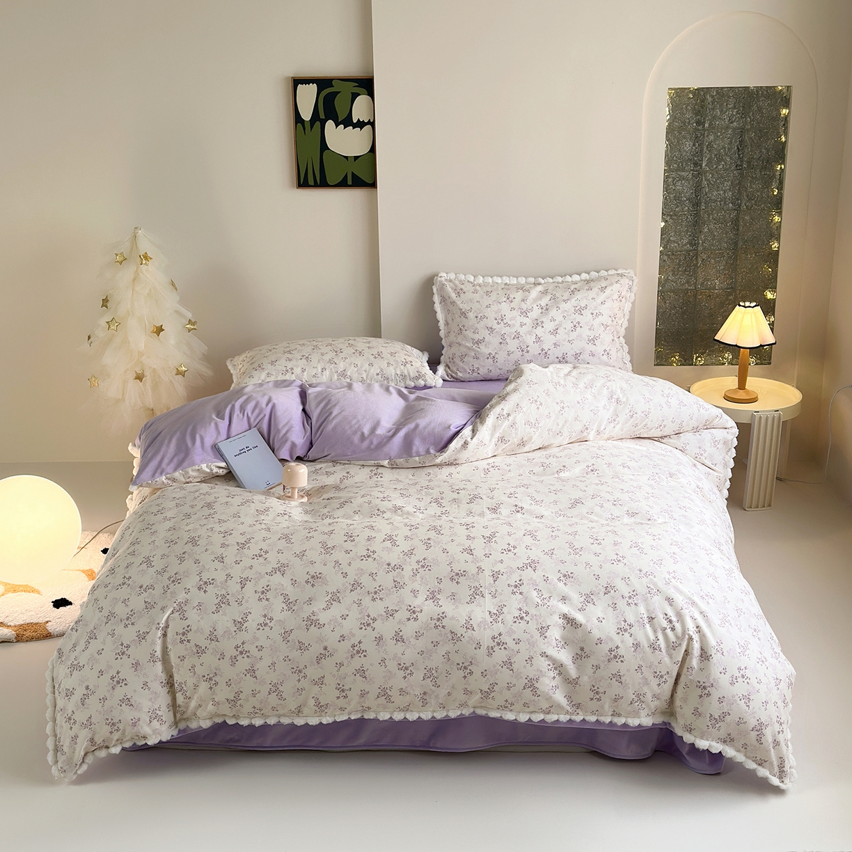 怡家居 2025秋冬新款毛球花边棉加绒四件套 嫣然