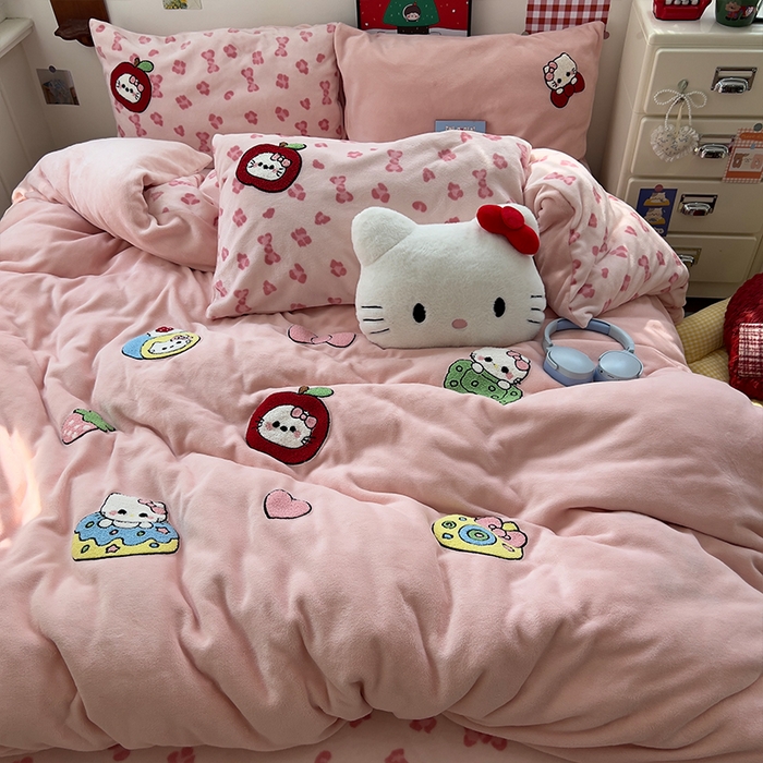 91家纺网 家纺一手货源 找家纺 原素 2025秋冬加厚牛奶绒毛巾绣四件套 豹纹蛋糕猫-绒毛巾绣