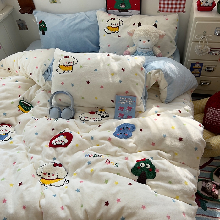 原素 2025秋冬加厚牛奶绒毛巾绣四件套 萌狗奶团-绒毛巾绣