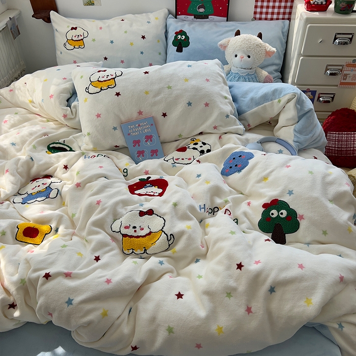 91家纺网 家纺一手货源 找家纺 原素 2025秋冬加厚牛奶绒毛巾绣四件套 萌狗奶团-绒毛巾绣