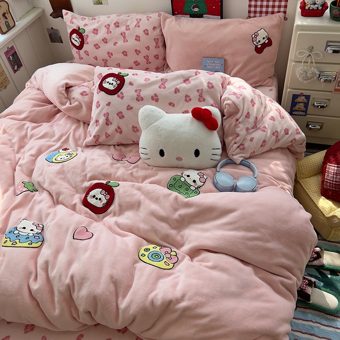 91家纺网 家纺一手货源 找家纺 原素 2025秋冬加厚牛奶绒毛巾绣四件套 豹纹蛋糕猫-绒毛巾绣