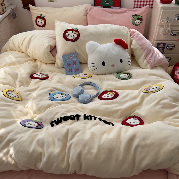 91家纺网 家纺一手货源 找家纺 原素 2025秋冬加厚牛奶绒毛巾绣四件套 彩色KT豆-绒毛巾绣