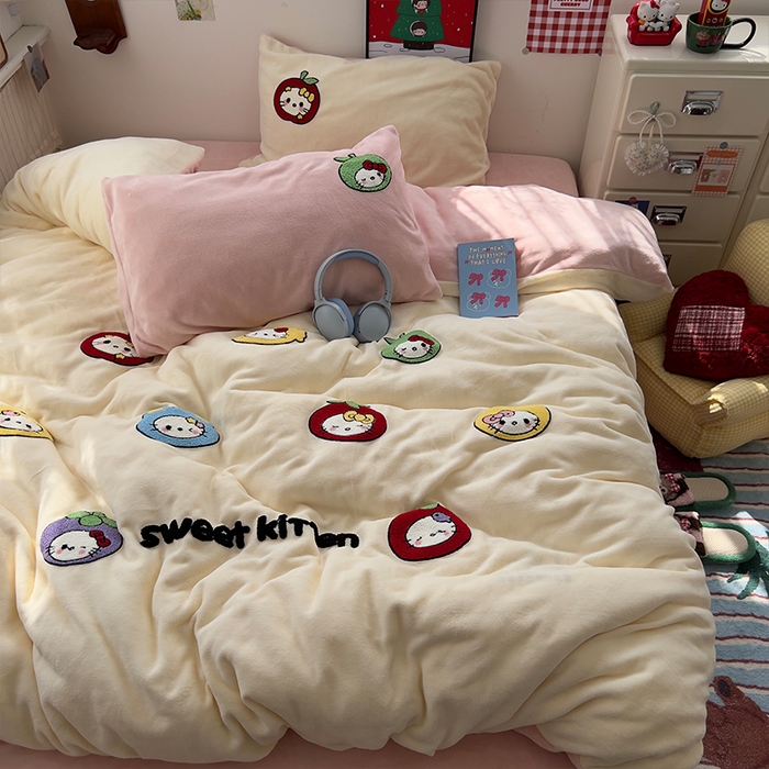 91家纺网 家纺一手货源 找家纺 原素 2025秋冬加厚牛奶绒毛巾绣四件套 彩色KT豆-绒毛巾绣