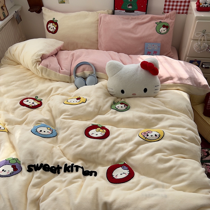 91家纺网 家纺一手货源 找家纺 原素 2025秋冬加厚牛奶绒毛巾绣四件套 彩色KT豆-绒毛巾绣