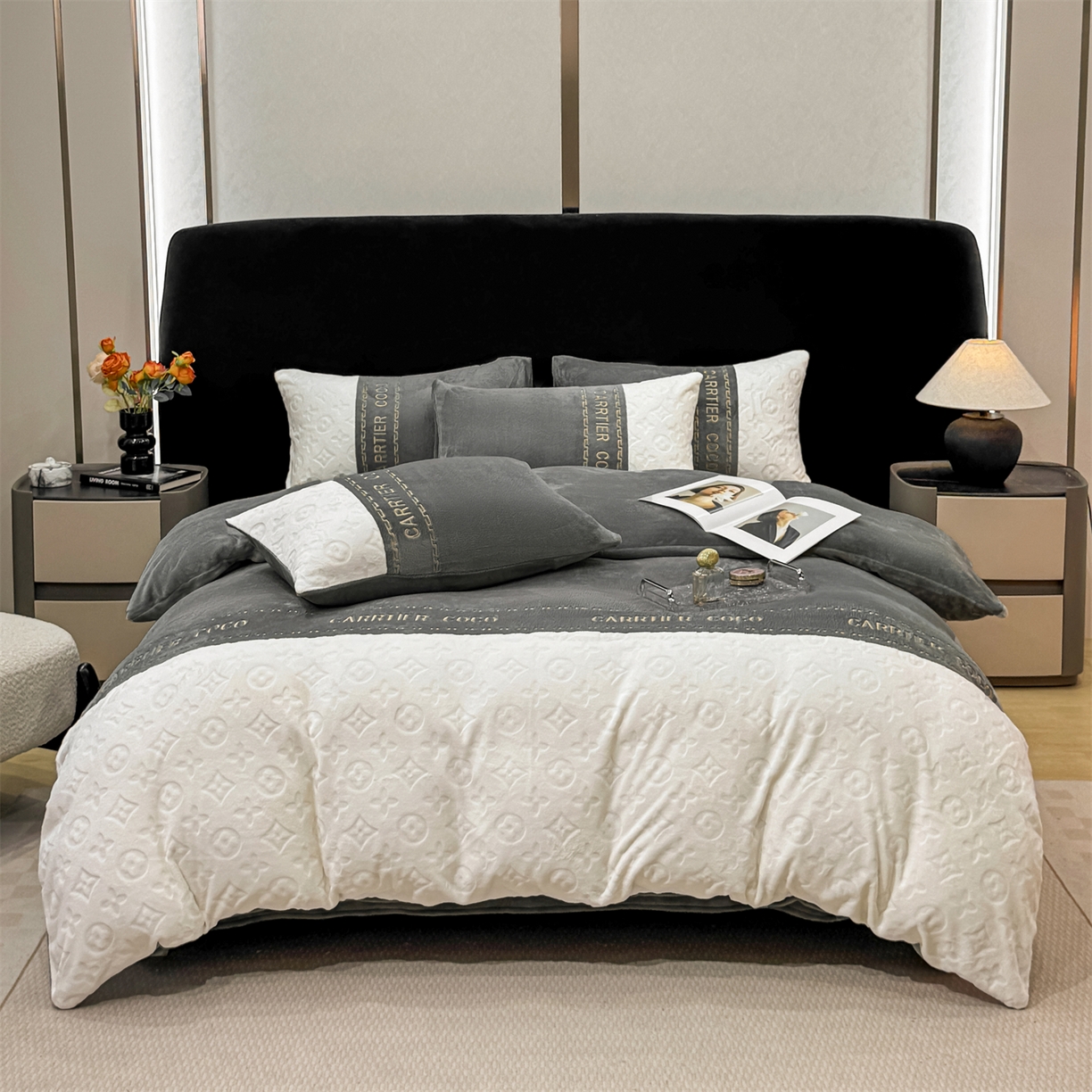 91家纺网 家纺一手货源 找家纺 灰鲸 2025新款牛奶绒拼接刺绣雕花四件套-威登 威登-绅士灰