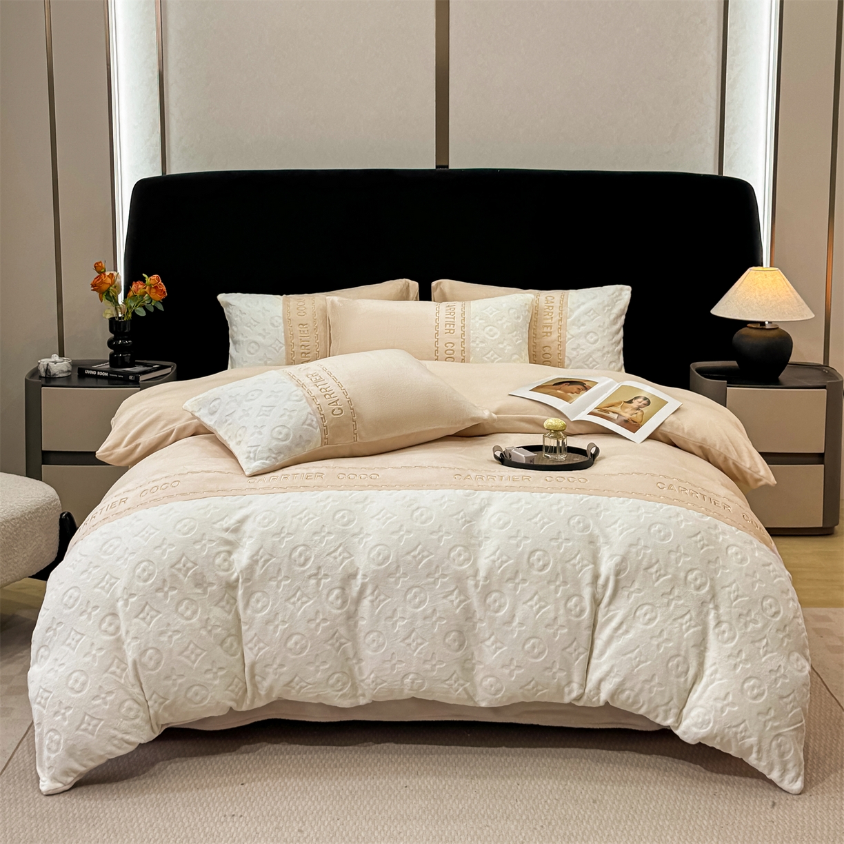 91家纺网 家纺一手货源 找家纺 （总）灰鲸 2025新款牛奶绒拼接刺绣雕花四件套-威登