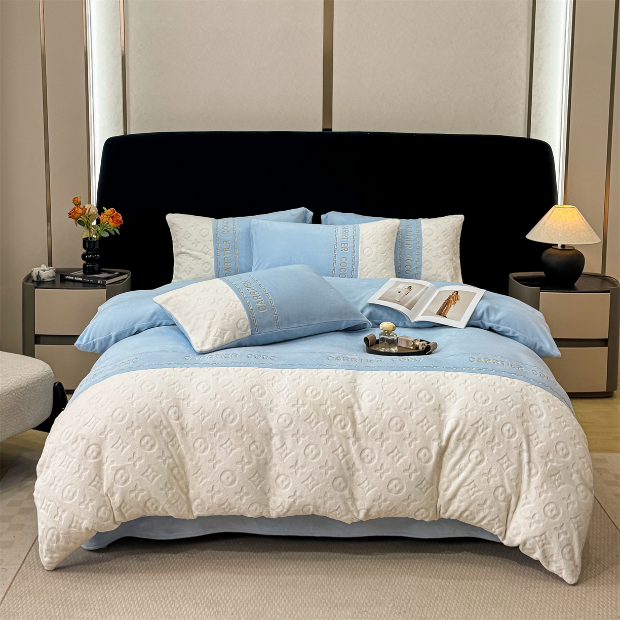 91家纺网 家纺一手货源 找家纺 灰鲸 2025新款牛奶绒拼接刺绣雕花四件套-威登 威登-繁星蓝