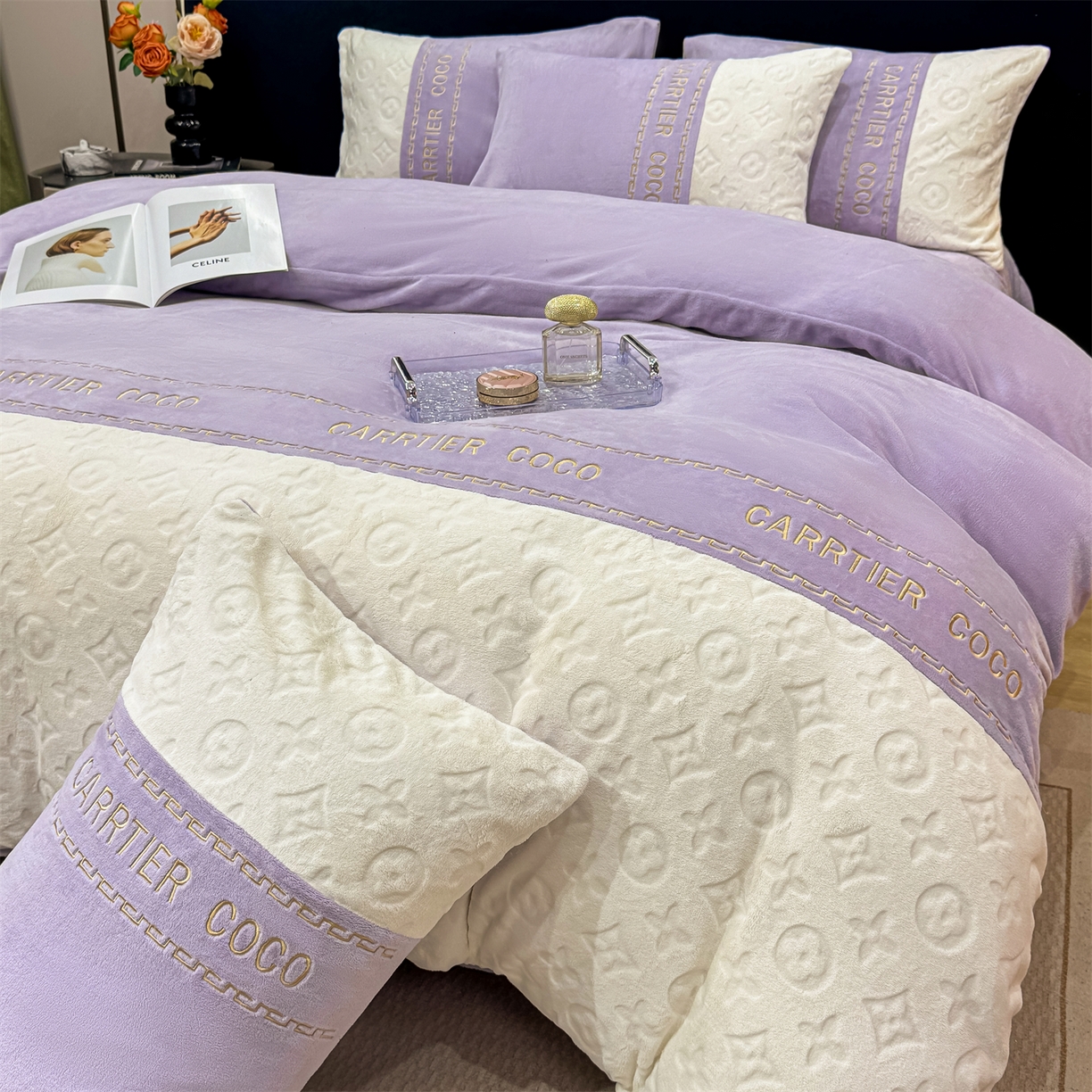 91家纺网 家纺一手货源 找家纺 （总）灰鲸 2025新款牛奶绒拼接刺绣雕花四件套-威登