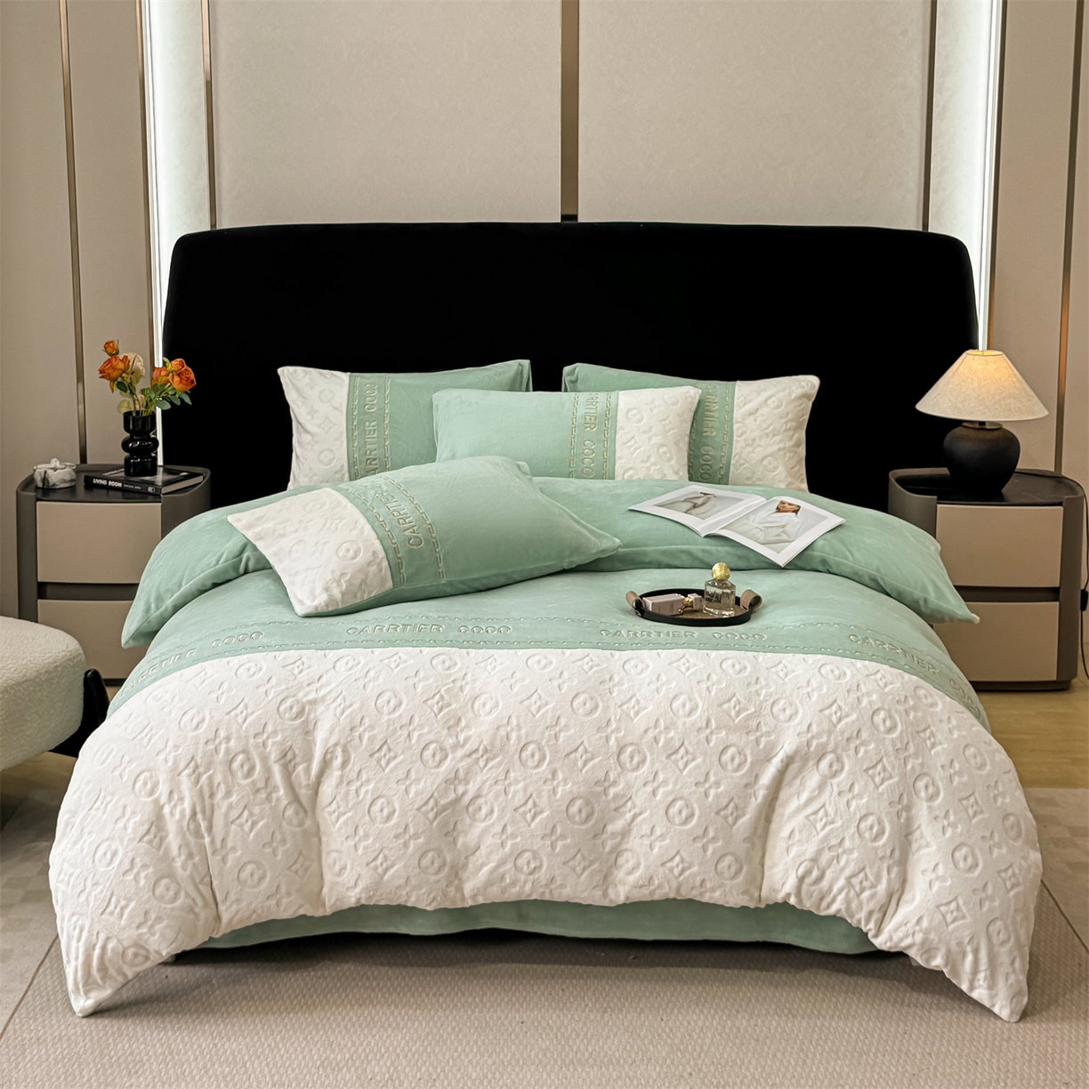 91家纺网 家纺一手货源 找家纺 灰鲸 2025新款牛奶绒拼接刺绣雕花四件套-威登 威登-抹茶绿