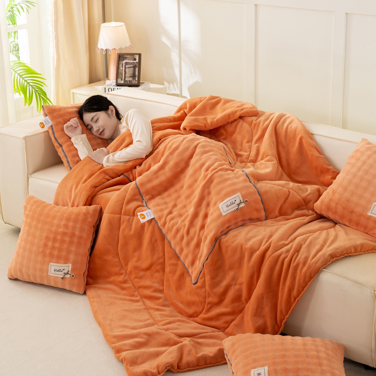 91家纺网 家纺一手货源 找家纺 多今家纺 2025新款牛奶绒贴布抱枕被子-遇见系列 遇见-落霞橙