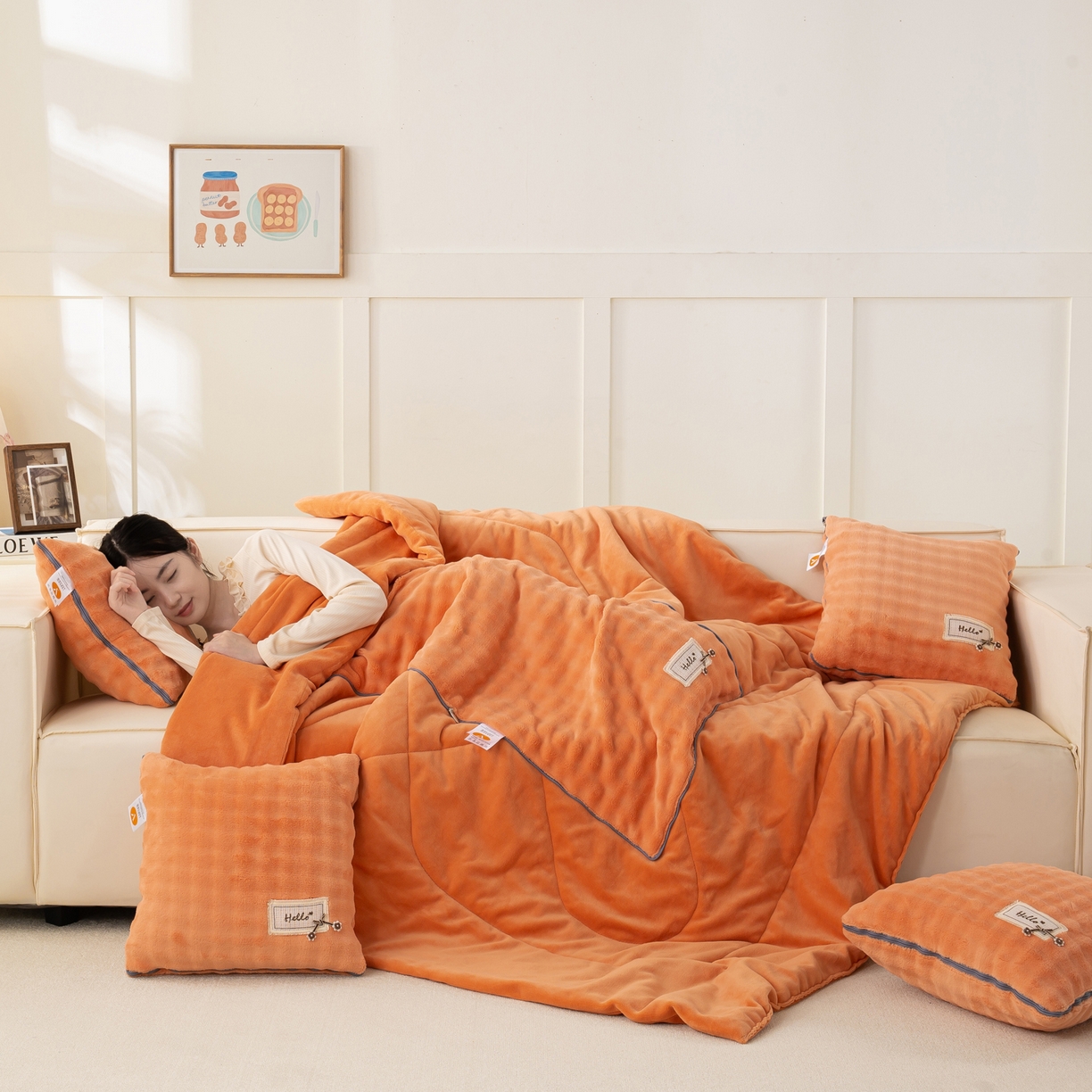 91家纺网 家纺一手货源 找家纺 多今家纺 2025新款牛奶绒贴布抱枕被子-遇见系列 遇见-落霞橙