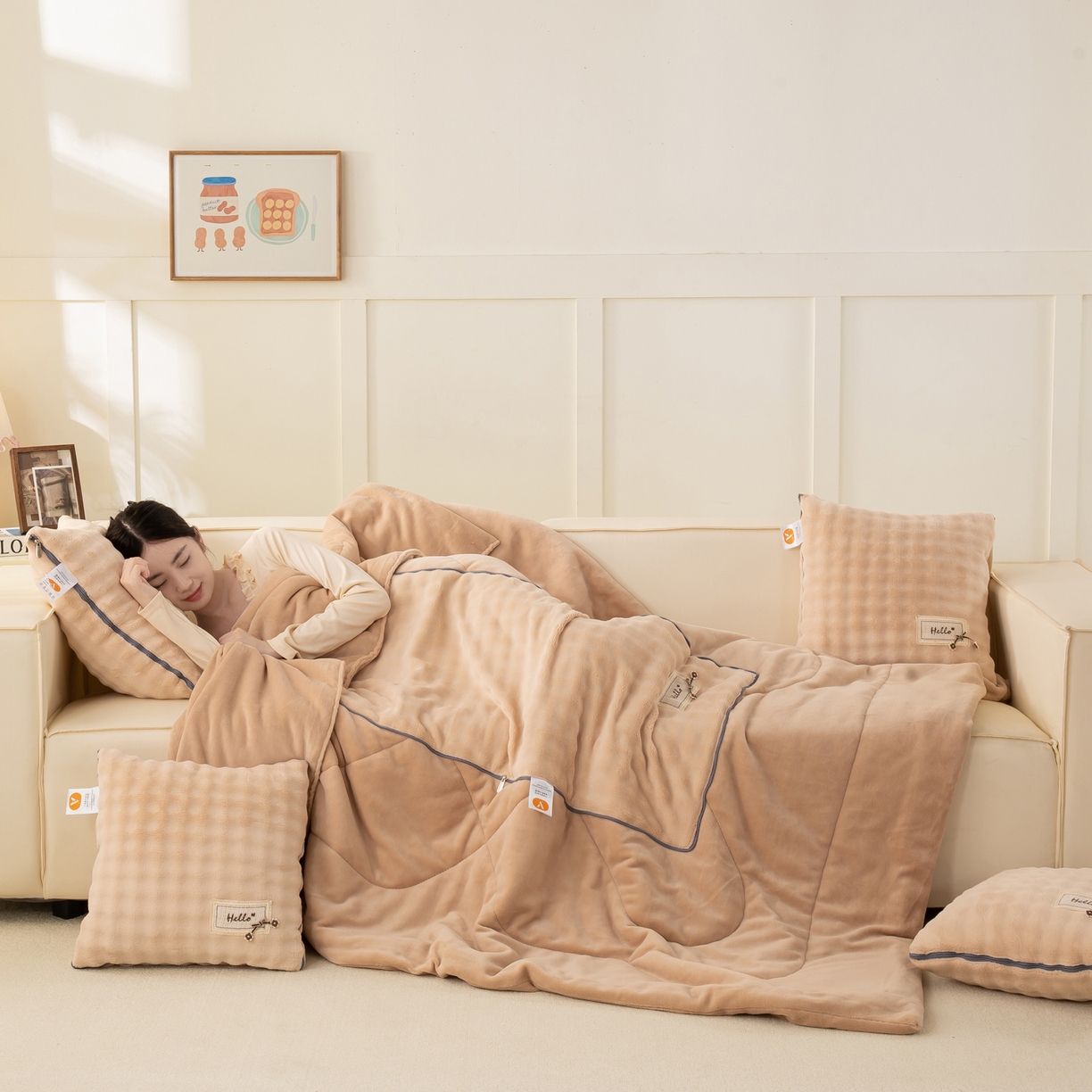 91家纺网 家纺一手货源 找家纺 多今家纺 2025新款牛奶绒贴布抱枕被子-遇见系列 遇见-象牙黄