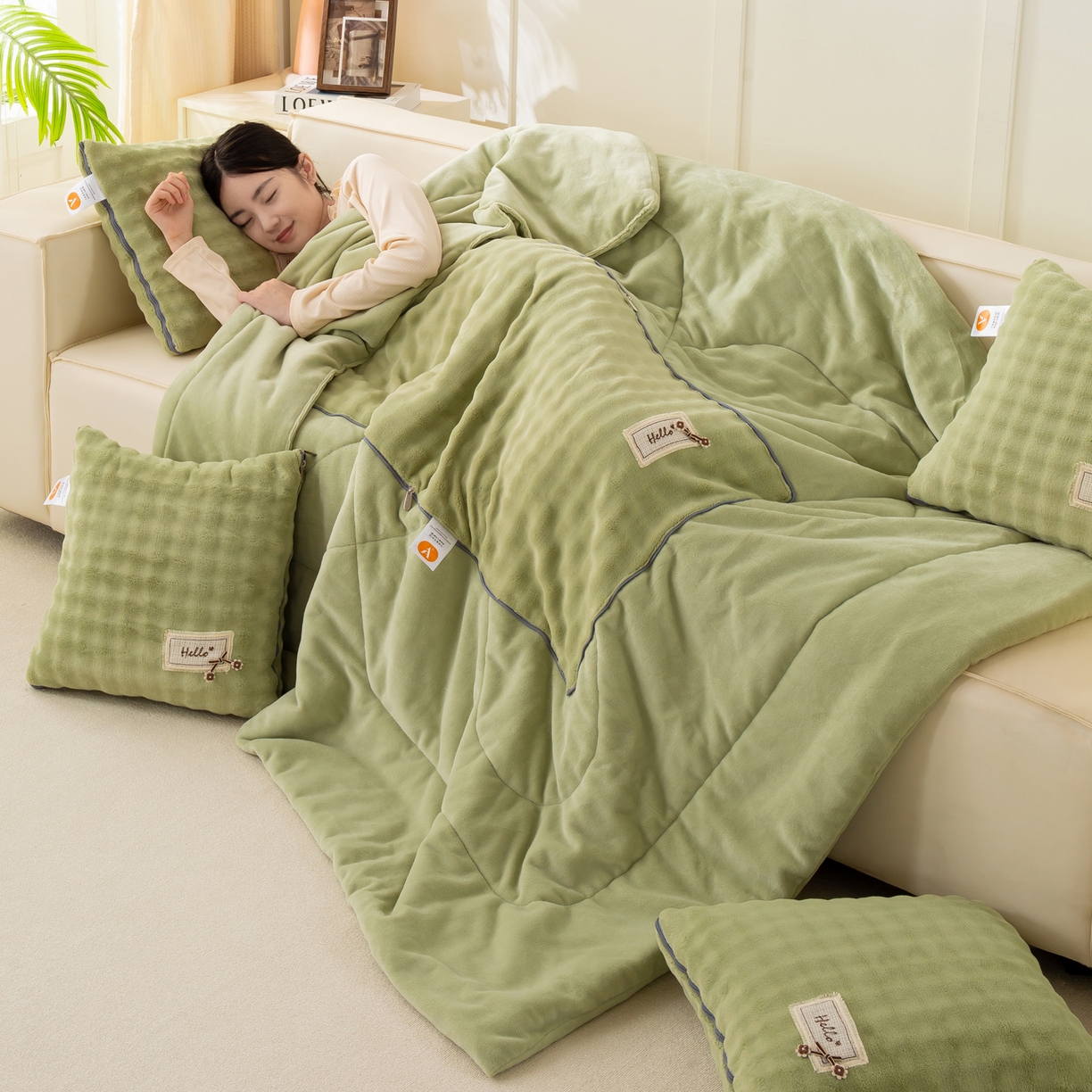 91家纺网 家纺一手货源 找家纺 多今家纺 2025新款牛奶绒贴布抱枕被子-遇见系列 遇见-青麦绿