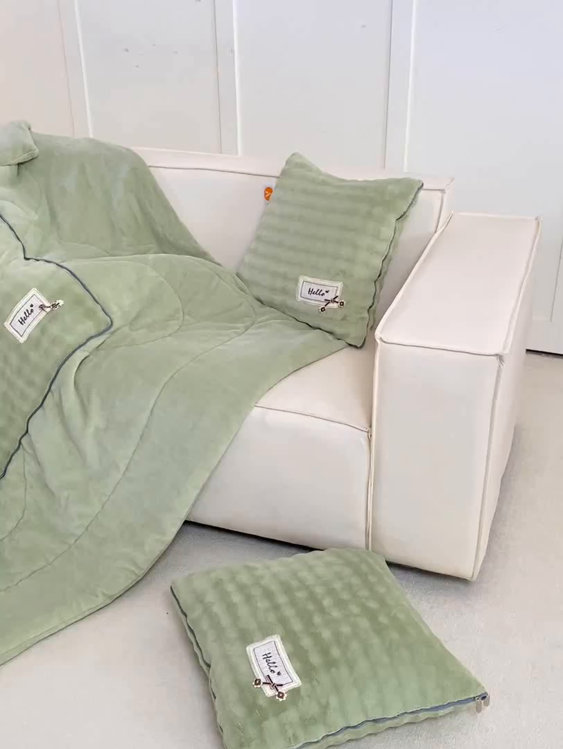 91家纺网 家纺一手货源 找家纺 多今家纺 2025新款牛奶绒贴布抱枕被子-遇见系列 遇见-青麦绿