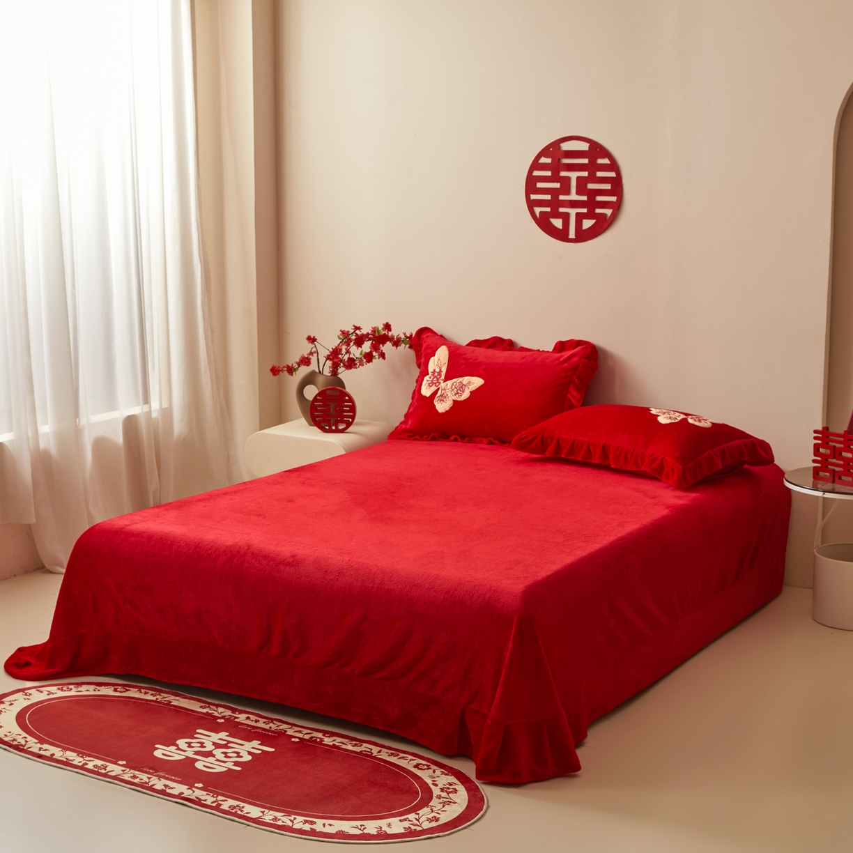 91家纺网 家纺一手货源 找家纺 千希家纺 2025新款220克牛奶绒贴布绣婚庆套件（提供买家秀） 家有喜事