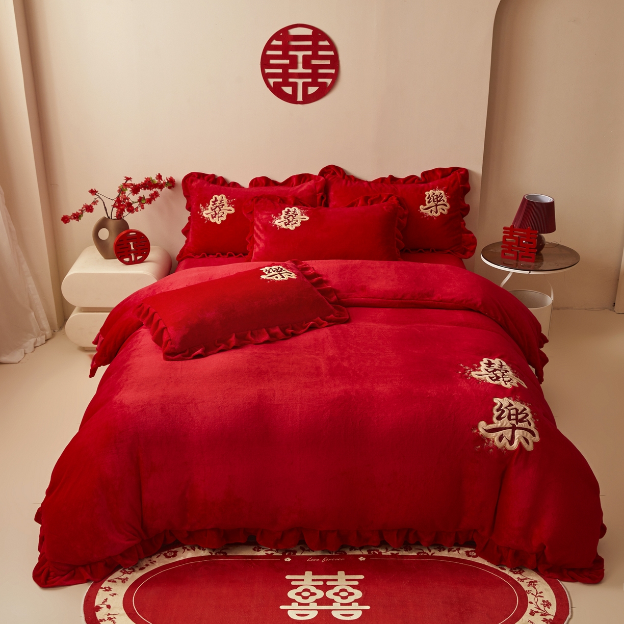 91家纺网 家纺一手货源 找家纺 千希家纺 2025新款220克牛奶绒贴布绣婚庆套件（提供买家秀） 贴布款-喜樂