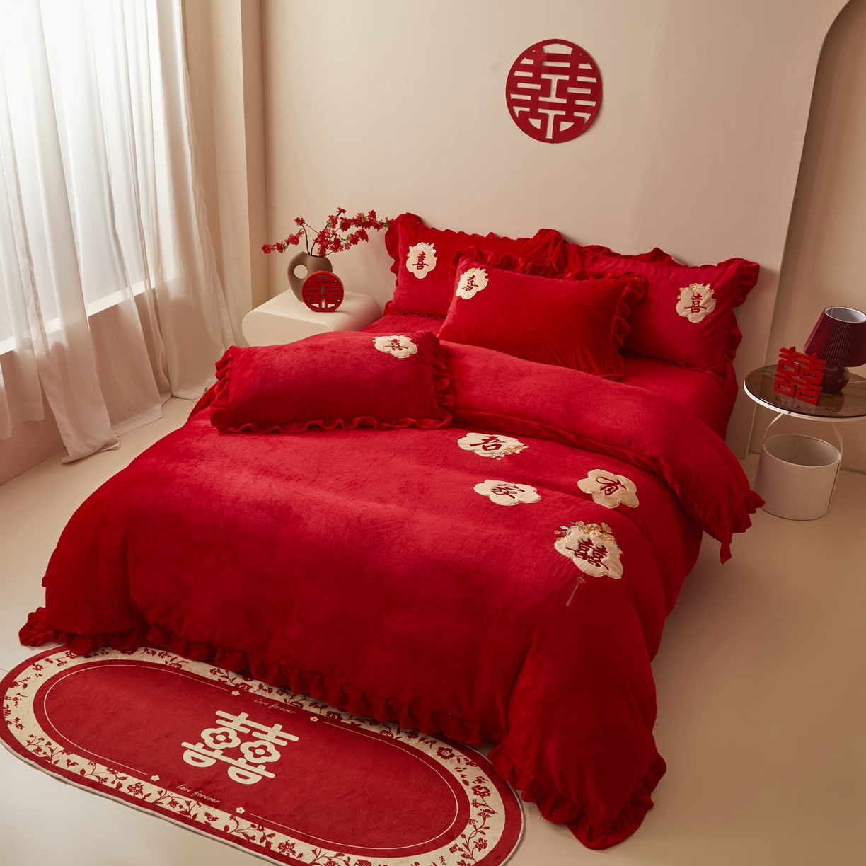 91家纺网 家纺一手货源 找家纺 千希家纺 2025新款220克牛奶绒贴布绣婚庆套件（提供买家秀） 吾家有喜