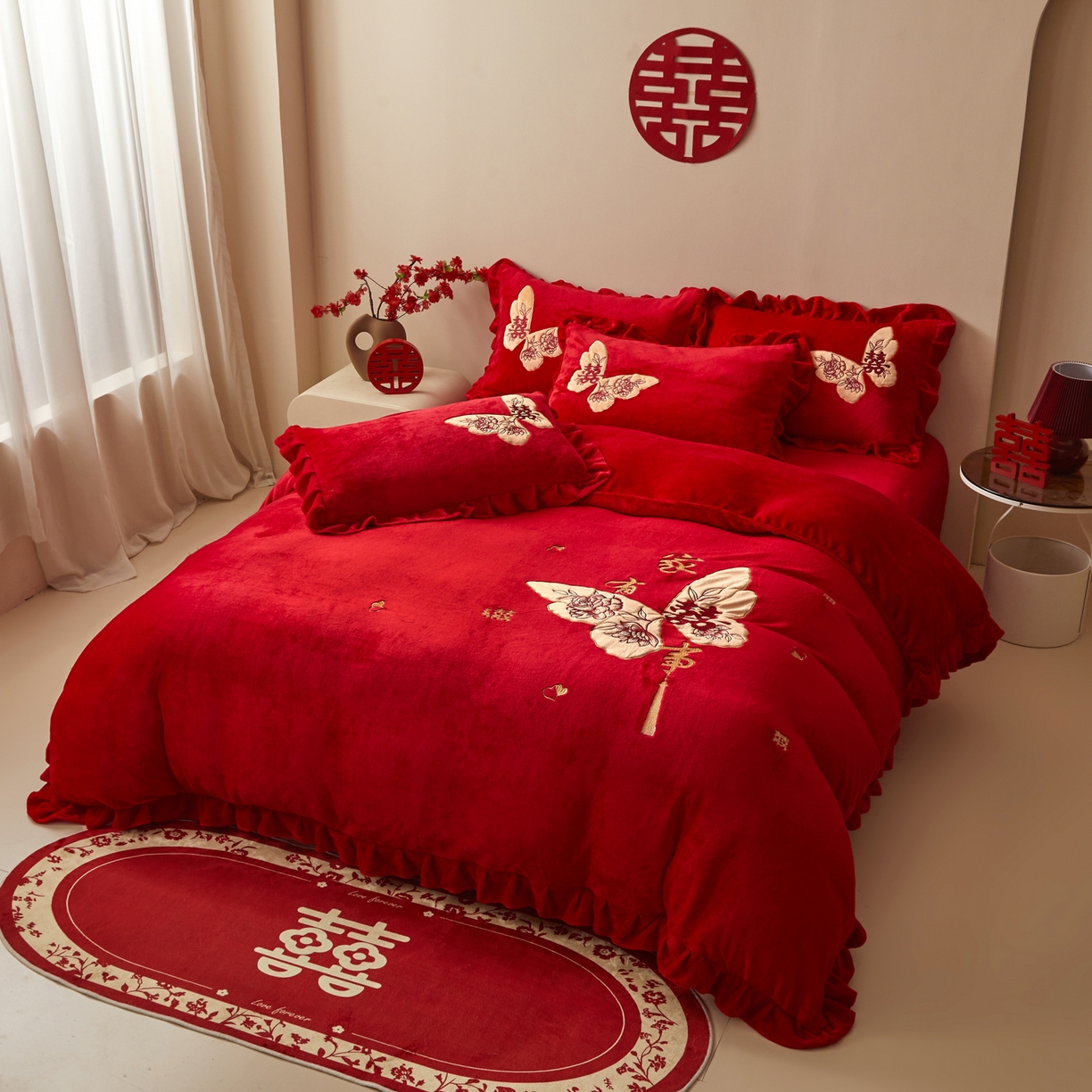 91家纺网 家纺一手货源 找家纺 千希家纺 2025新款220克牛奶绒贴布绣婚庆套件（提供买家秀） 家有喜事