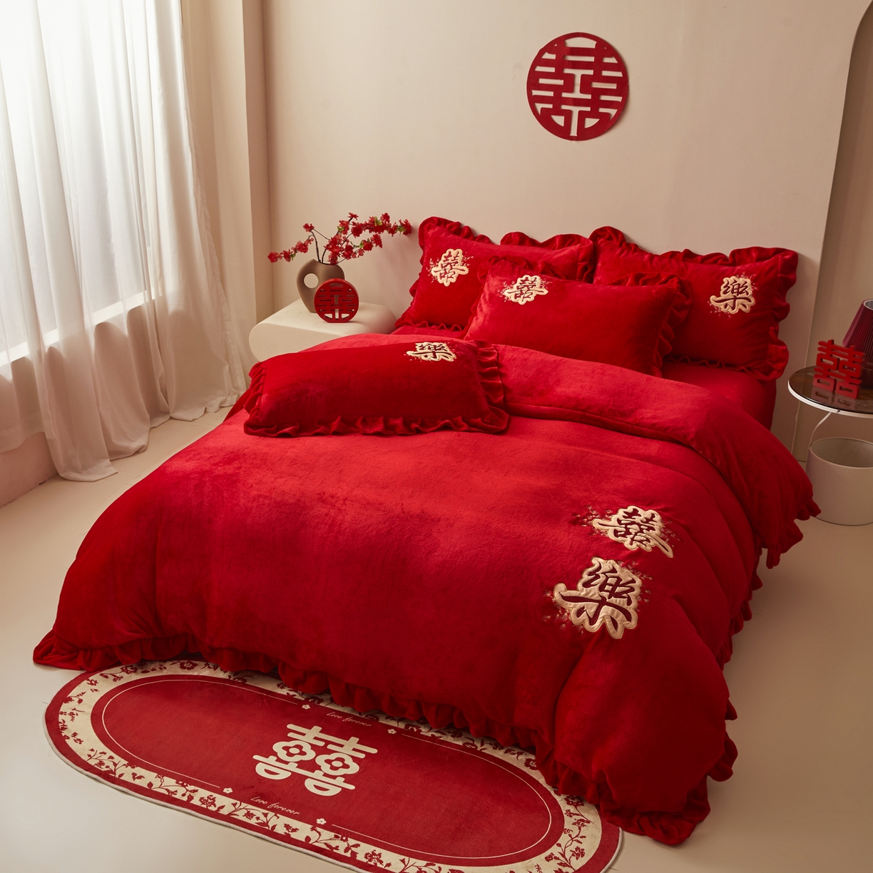 91家纺网 家纺一手货源 找家纺 千希家纺 2025新款220克牛奶绒贴布绣婚庆套件（提供买家秀） 贴布款-喜樂
