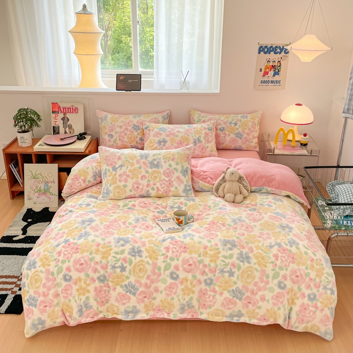 91家纺网 家纺一手货源 找家纺 瑞钰 2025新款A类加厚牛奶绒印花四件套 春意花影