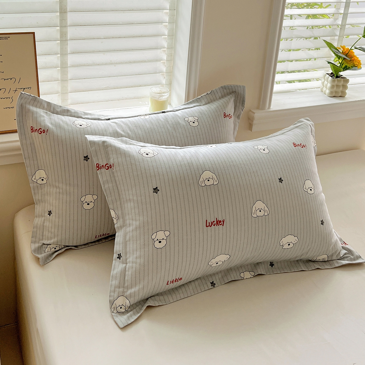 91家纺网 家纺一手货源 找家纺 依庭 2025新款高克重全棉纯棉磨毛印花单枕套 皮皮狗