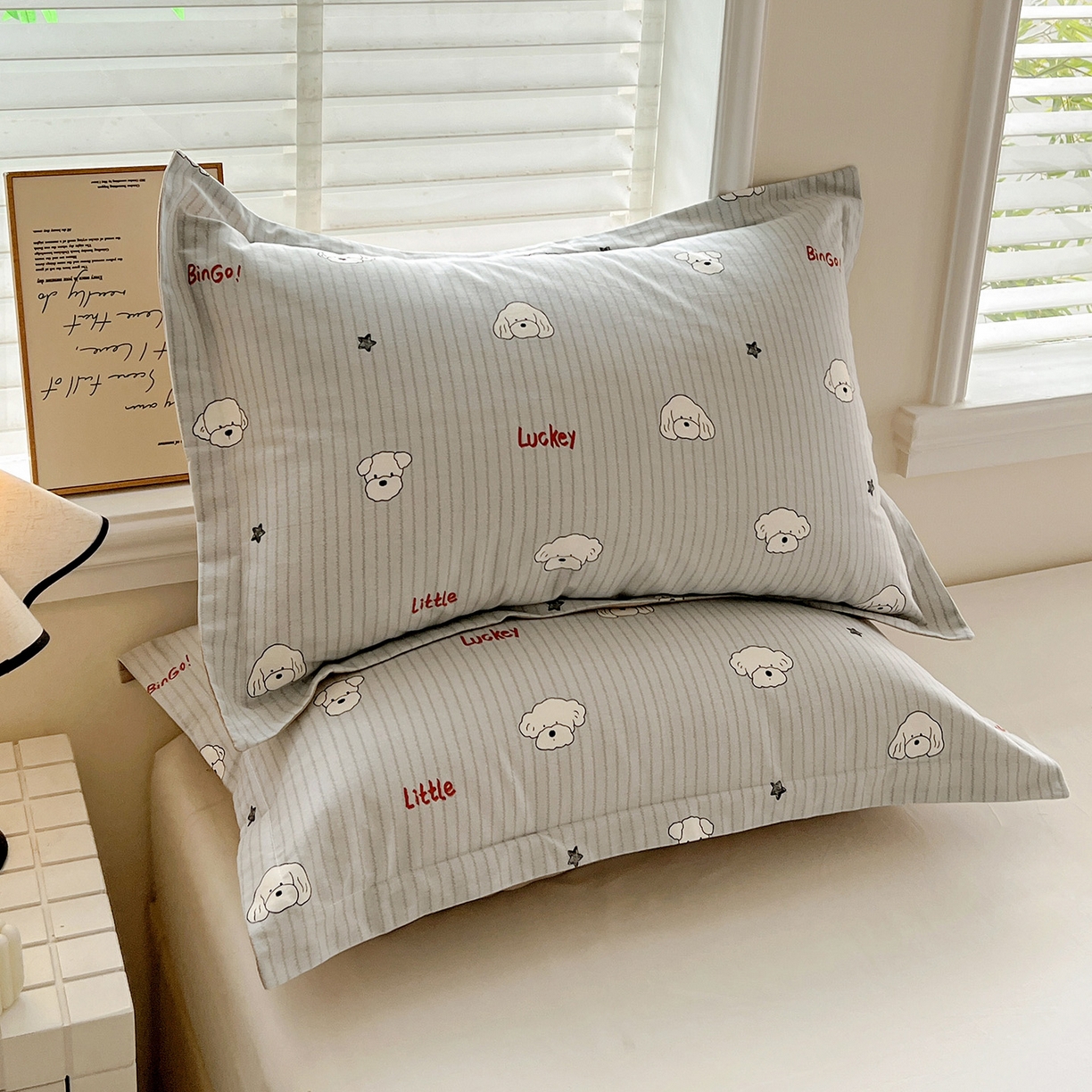 91家纺网 家纺一手货源 找家纺 依庭 2025新款高克重全棉纯棉磨毛印花单枕套 皮皮狗