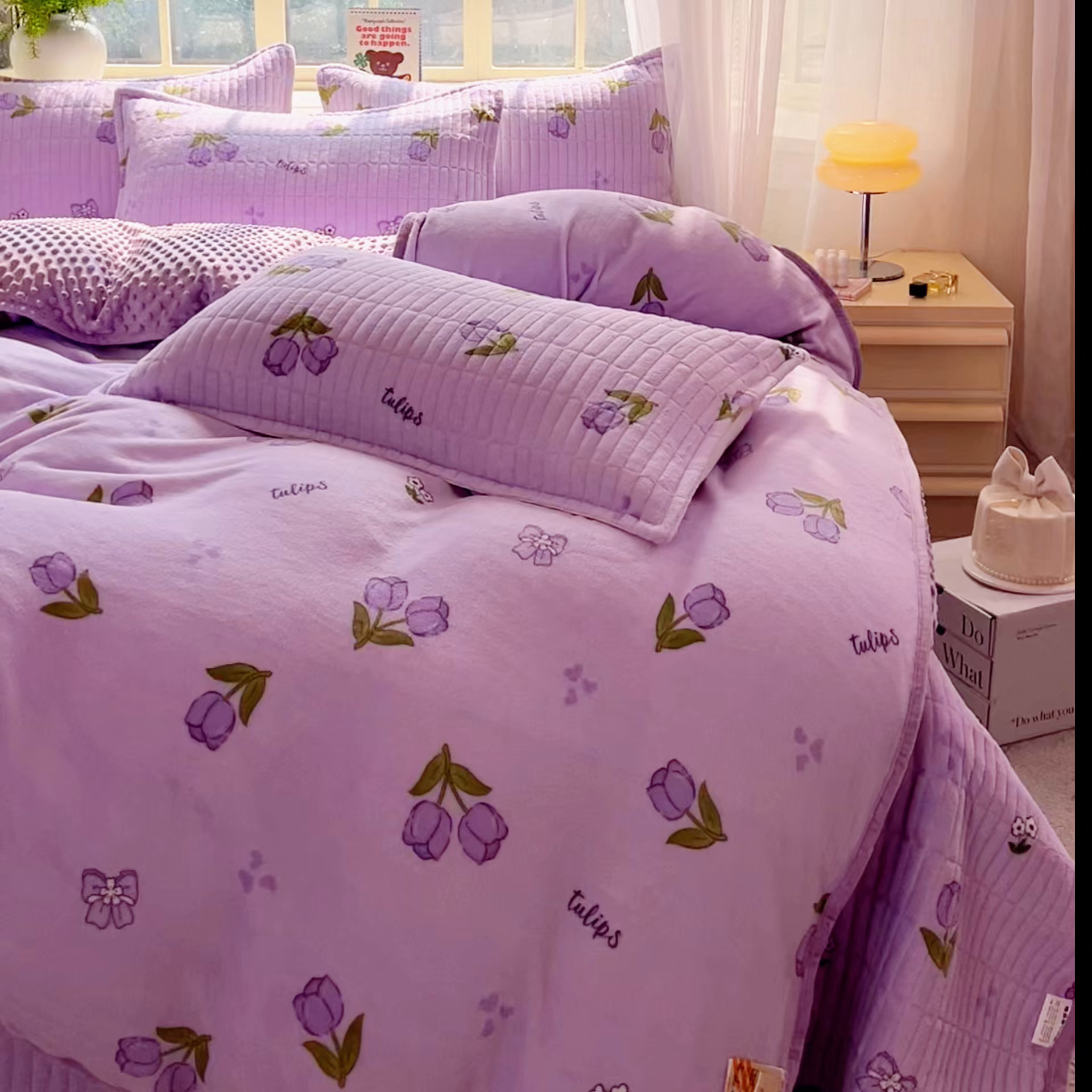 91家纺网 家纺一手货源 找家纺 尚美家纺 2025冬季新品豆豆绒高克重床盖被套四件套 紫色郁金香