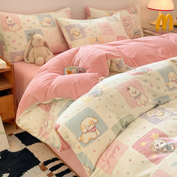 91家纺网 家纺一手货源 找家纺 瑞钰 2025新款A类加厚牛奶绒印花四件套 动物之家