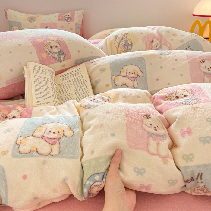 91家纺网 家纺一手货源 找家纺 瑞钰 2025新款A类加厚牛奶绒印花四件套 动物之家