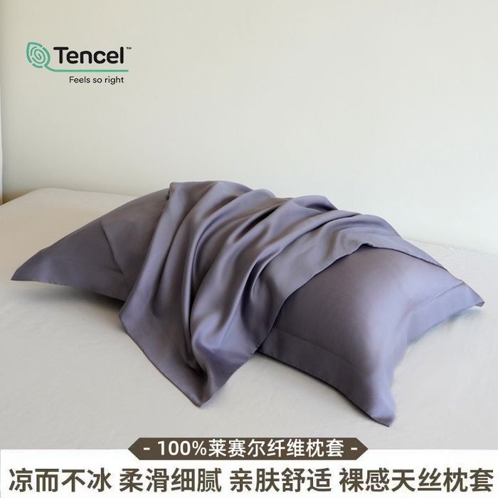 91家纺网 家纺一手货源 找家纺 凯森家纺 兰精天丝枕套一对100%莱赛尔枕头套凉感天丝枕芯套夏季冰丝整套48x74cm丝滑裸睡 100%莱赛尔天丝-拿铁灰