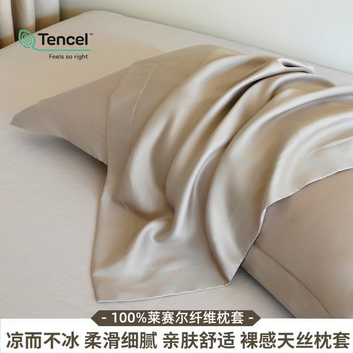 91家纺网 家纺一手货源 找家纺 凯森家纺 兰精天丝枕套一对100%莱赛尔枕头套凉感天丝枕芯套夏季冰丝整套48x74cm丝滑裸睡 100%莱赛尔天丝-椰子灰