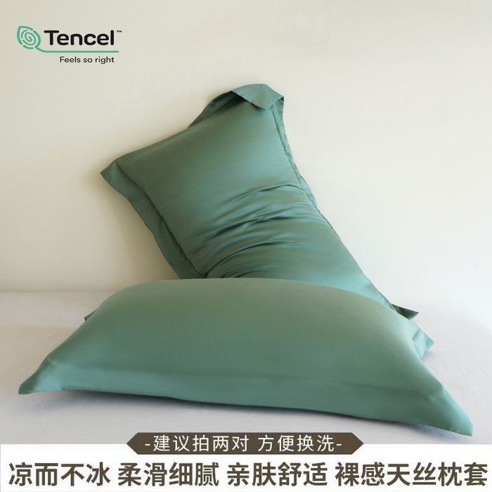 91家纺网 家纺一手货源 找家纺 凯森家纺 兰精天丝枕套一对100%莱赛尔枕头套凉感天丝枕芯套夏季冰丝整套48x74cm丝滑裸睡 100%莱赛尔天丝-草木绿