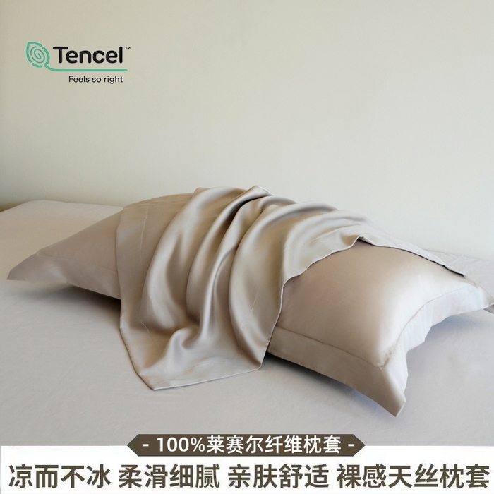 91家纺网 家纺一手货源 找家纺 凯森家纺 兰精天丝枕套一对100%莱赛尔枕头套凉感天丝枕芯套夏季冰丝整套48x74cm丝滑裸睡 100%莱赛尔天丝-椰子灰
