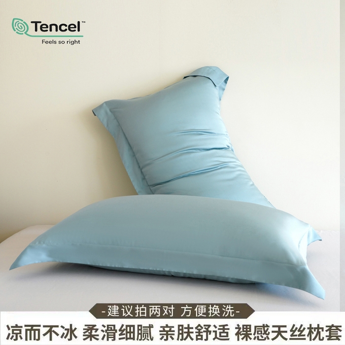 91家纺网 家纺一手货源 找家纺 凯森家纺 兰精天丝枕套一对100%莱赛尔枕头套凉感天丝枕芯套夏季冰丝整套48x74cm丝滑裸睡 100%莱赛尔天丝-智能蓝