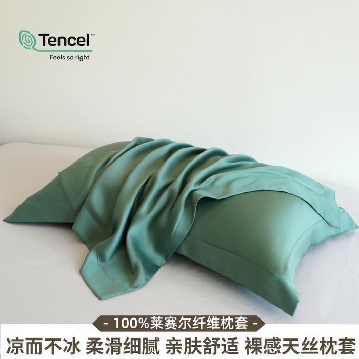 91家纺网 家纺一手货源 找家纺 凯森家纺 兰精天丝枕套一对100%莱赛尔枕头套凉感天丝枕芯套夏季冰丝整套48x74cm丝滑裸睡 100%莱赛尔天丝-草木绿