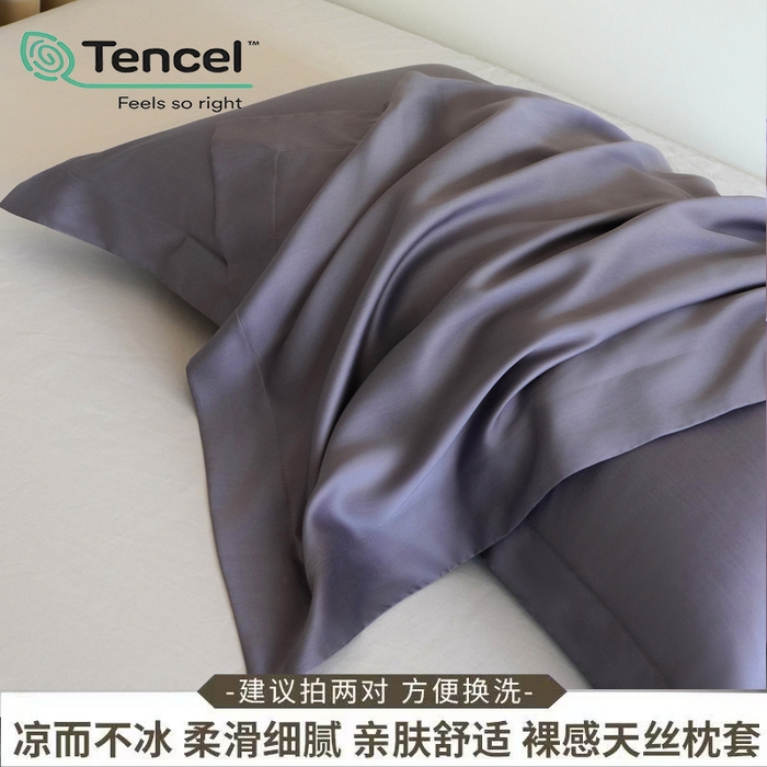 91家纺网 家纺一手货源 找家纺 凯森家纺 兰精天丝枕套一对100%莱赛尔枕头套凉感天丝枕芯套夏季冰丝整套48x74cm丝滑裸睡 100%莱赛尔天丝-拿铁灰