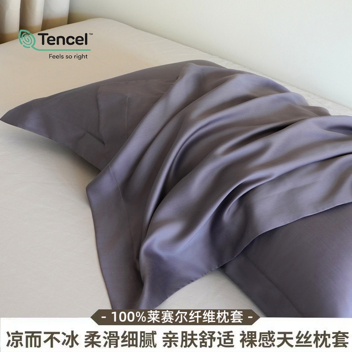 91家纺网 家纺一手货源 找家纺 凯森家纺 兰精天丝枕套一对100%莱赛尔枕头套凉感天丝枕芯套夏季冰丝整套48x74cm丝滑裸睡 100%莱赛尔天丝-拿铁灰