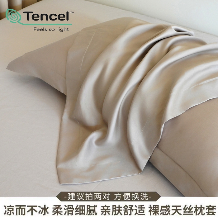 91家纺网 家纺一手货源 找家纺 凯森家纺 兰精天丝枕套一对100%莱赛尔枕头套凉感天丝枕芯套夏季冰丝整套48x74cm丝滑裸睡 100%莱赛尔天丝-椰子灰