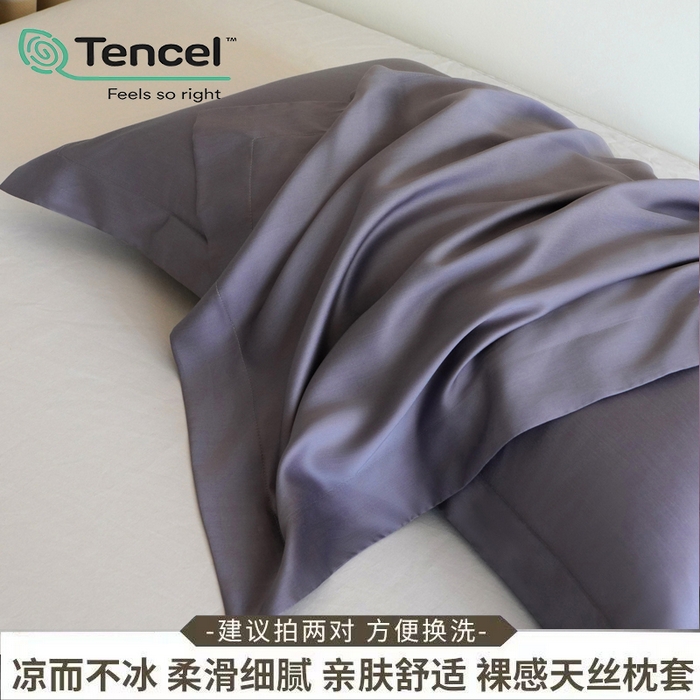 91家纺网 家纺一手货源 找家纺 凯森家纺 兰精天丝枕套一对100%莱赛尔枕头套凉感天丝枕芯套夏季冰丝整套48x74cm丝滑裸睡 100%莱赛尔天丝-拿铁灰