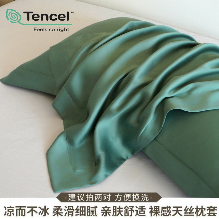 91家纺网 家纺一手货源 找家纺 凯森家纺 兰精天丝枕套一对100%莱赛尔枕头套凉感天丝枕芯套夏季冰丝整套48x74cm丝滑裸睡 100%莱赛尔天丝-草木绿