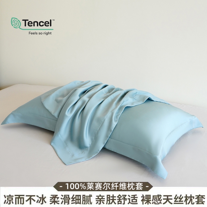 91家纺网 家纺一手货源 找家纺 凯森家纺 兰精天丝枕套一对100%莱赛尔枕头套凉感天丝枕芯套夏季冰丝整套48x74cm丝滑裸睡 100%莱赛尔天丝-智能蓝