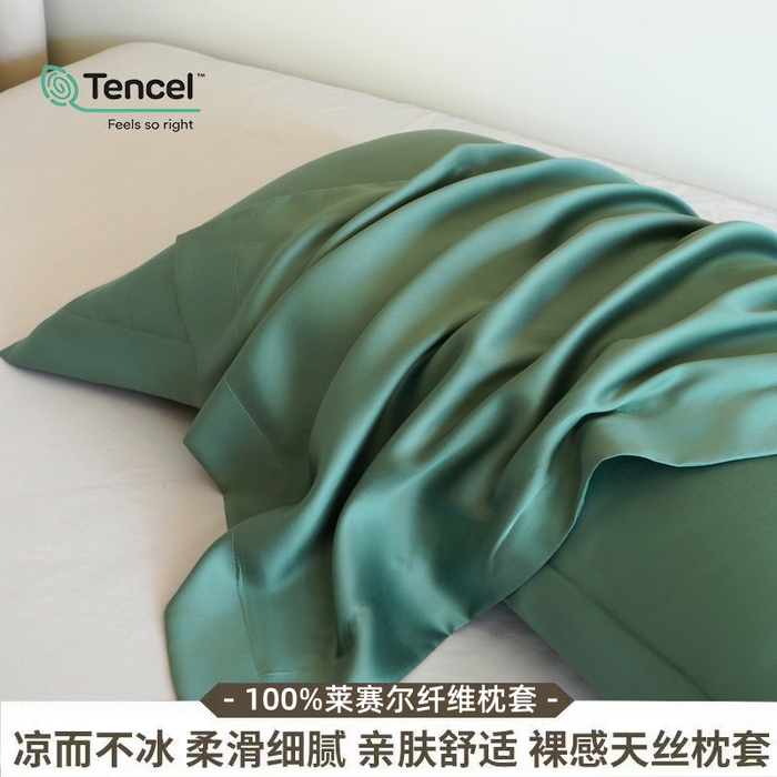 91家纺网 家纺一手货源 找家纺 凯森家纺 兰精天丝枕套一对100%莱赛尔枕头套凉感天丝枕芯套夏季冰丝整套48x74cm丝滑裸睡 100%莱赛尔天丝-草木绿