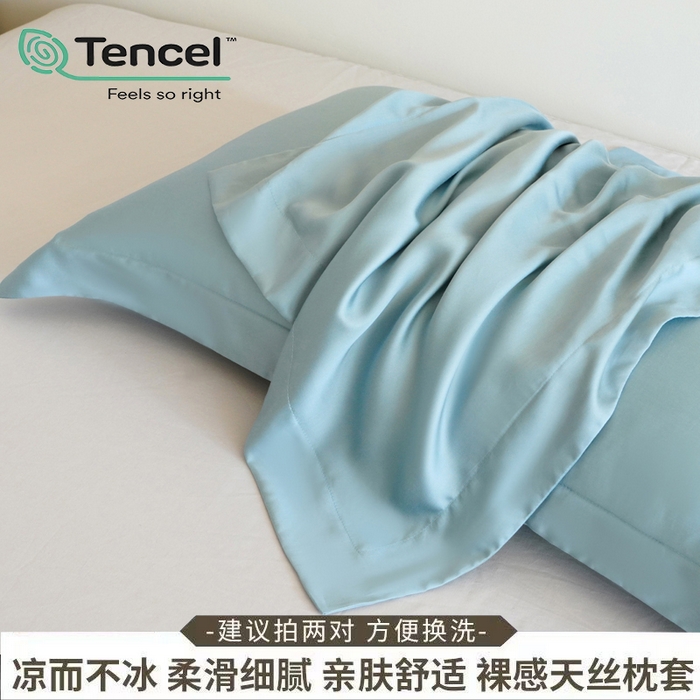 91家纺网 家纺一手货源 找家纺 凯森家纺 兰精天丝枕套一对100%莱赛尔枕头套凉感天丝枕芯套夏季冰丝整套48x74cm丝滑裸睡 100%莱赛尔天丝-智能蓝