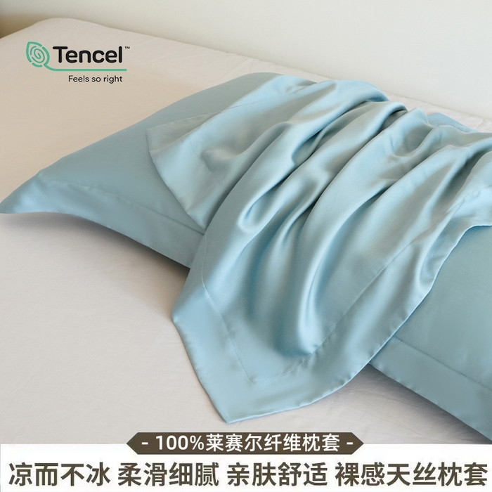 91家纺网 家纺一手货源 找家纺 凯森家纺 兰精天丝枕套一对100%莱赛尔枕头套凉感天丝枕芯套夏季冰丝整套48x74cm丝滑裸睡 100%莱赛尔天丝-智能蓝