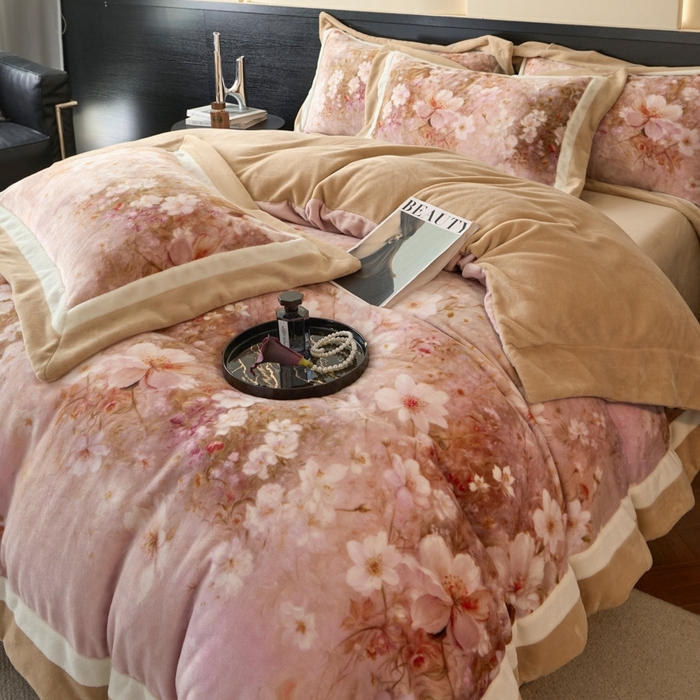 91家纺网 家纺一手货源 找家纺 （总）可恩欣 2025新款双拼角宽边数码牛奶绒四件套