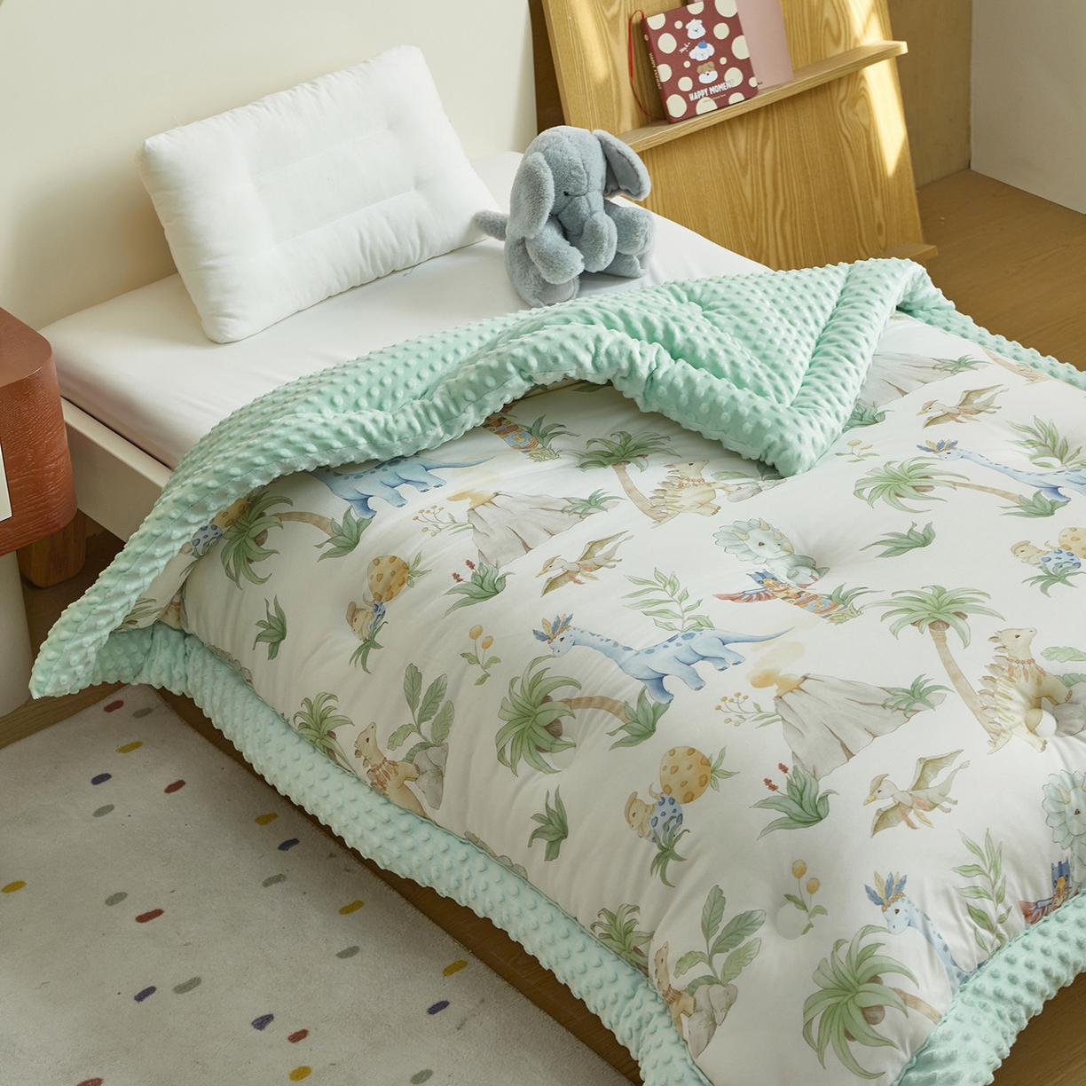 91家纺网 家纺一手货源 找家纺 荷马之梦 2025新款A类小版针织棉数码印花手绘原创豆豆绒被芯儿童被子春秋被冬被-梦境 恐龙之家