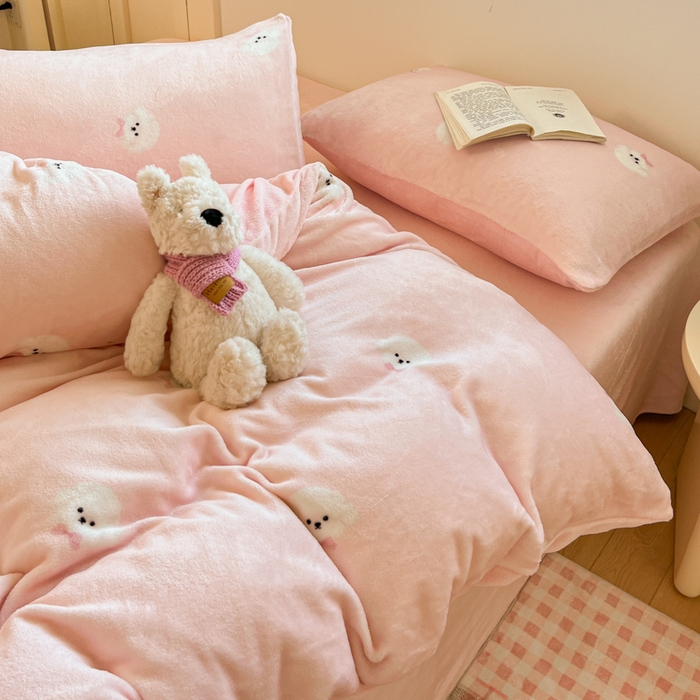 瑞钰 2025新款A类加厚牛奶绒印花四件套 绒绒小狗粉